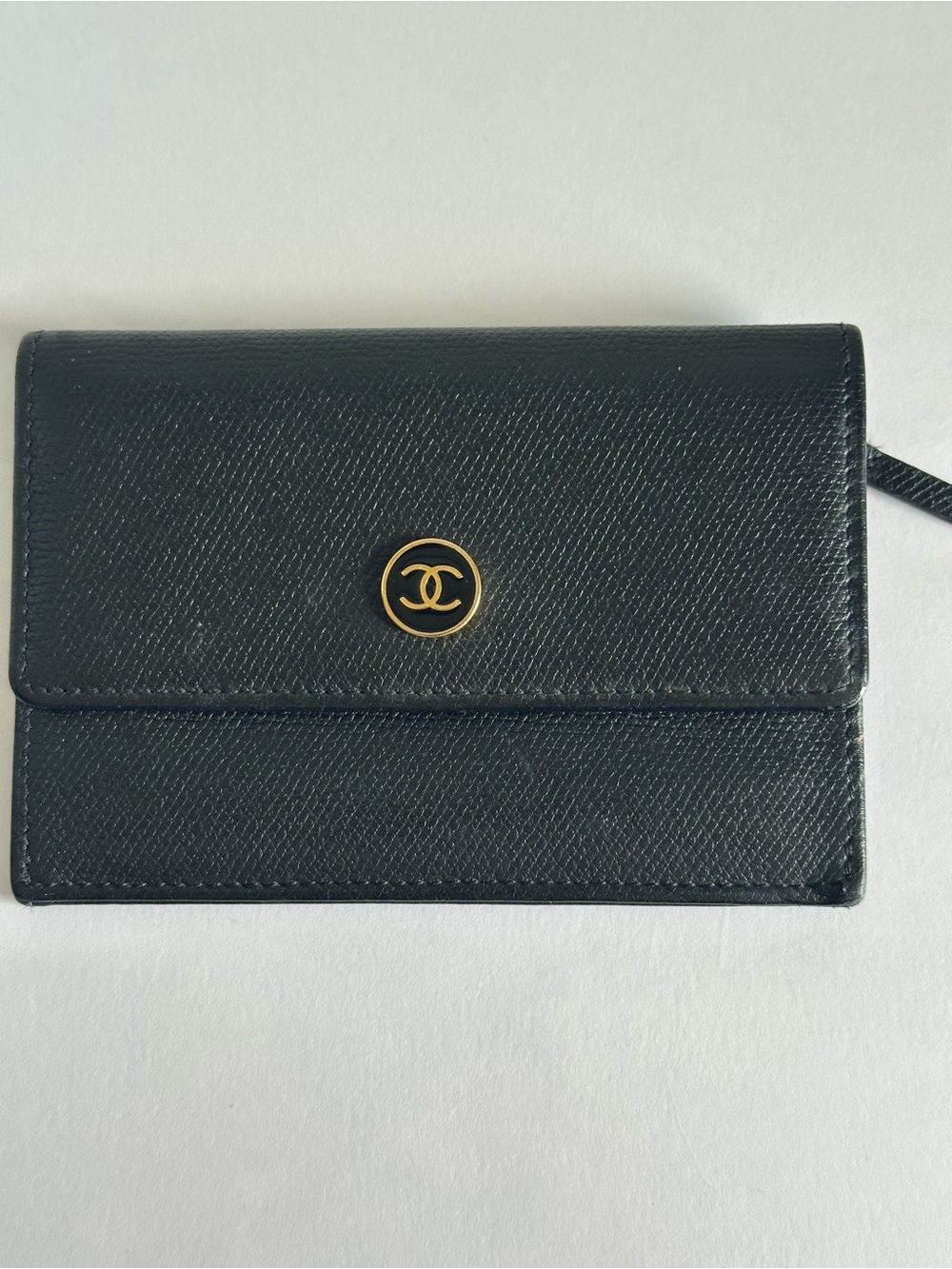 Vintage CHANEL Coco Button Black Caviar Leather Compact Wallet 9-Series